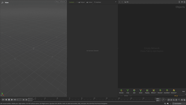 The empty Natsura interface in a fresh Houdini 22 session