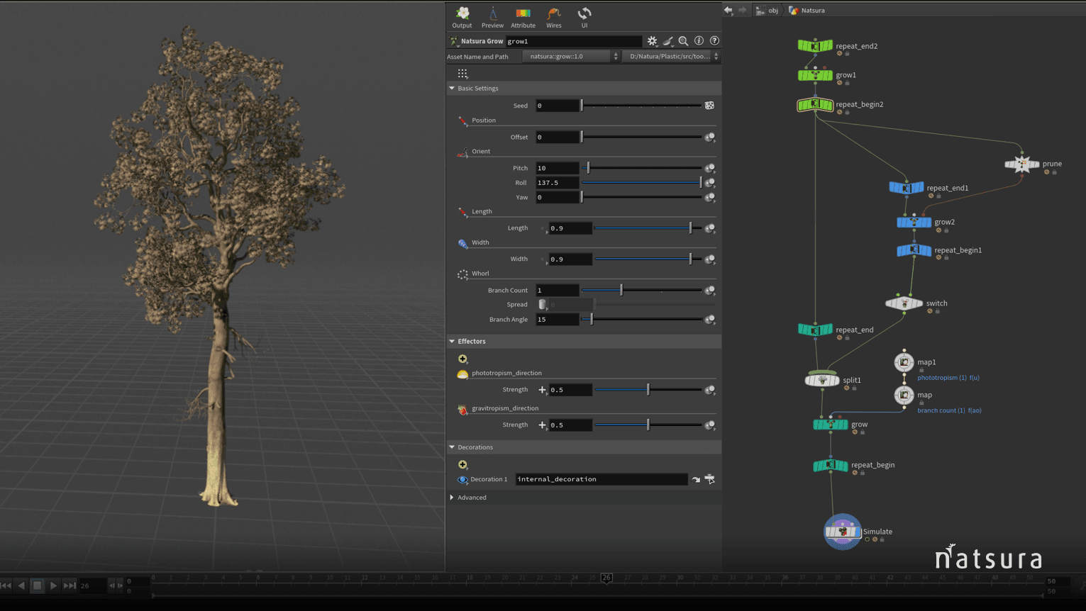 Natsura foliage node graph and interface inside Houdini